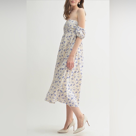 Lush Blue Floral Off-Shoulder Midi Dress - Picture 5 of 5